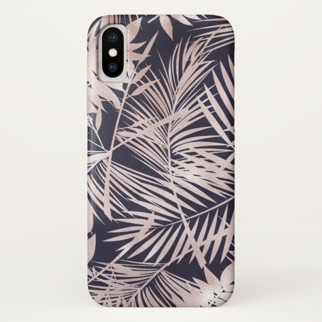 Rose Gold Pink Dark Tropical Palm Tree Leaves Case-Mate iPhone Case (Back)
