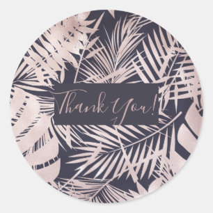 Rose Gold Pink Dark Tropical Palm Tree Leaves Classic Round Sticker
