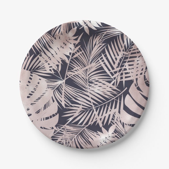 Rose Gold Pink Dark Tropical Palm Tree Leaves Paper Plate (Front)