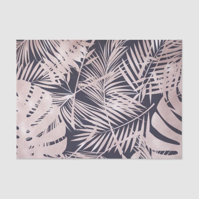 Rose Gold Pink Dark Tropical Palm Tree Leaves Tissue Paper (Front)