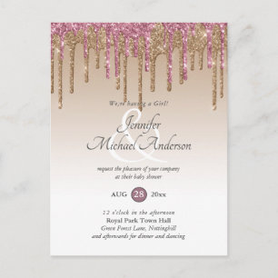 Rose Gold Pink Dripping Glitter Baby Girl Shower Postcard