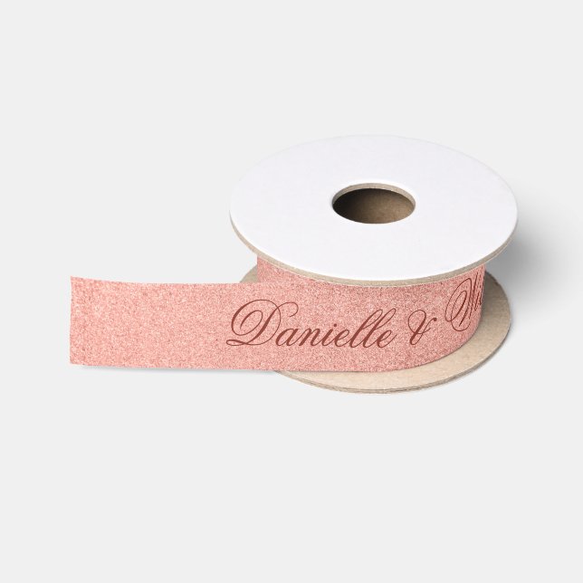 Rose Gold Pink Elegant Calligraphy Glitter Wedding Satin Ribbon (Spool)