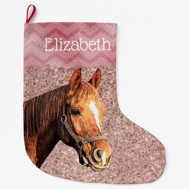Rose Gold Pink Equestrian Horse Sweet Name Large Christmas Stocking (Front)