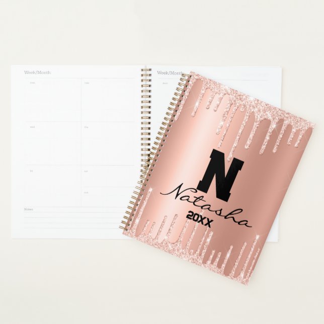 Rose Gold Pink Faux Glitter Custom Name Yearly  Planner (Display)