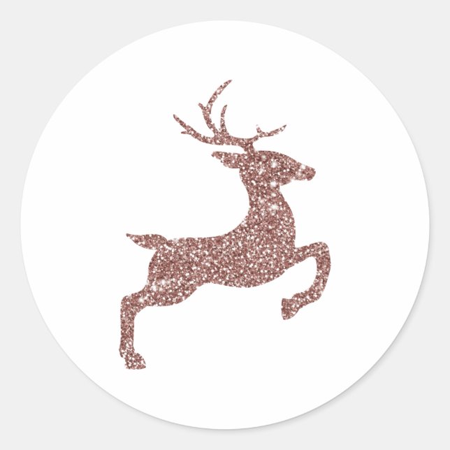 Rose Gold Pink Faux Glitter Look Jumping Deer Classic Round Sticker (Front)