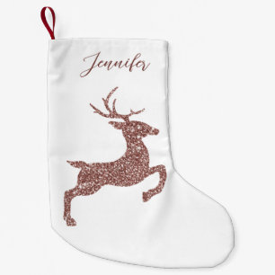 Rose Gold Pink Faux Glitter Look Jumping Deer Small Christmas Stocking
