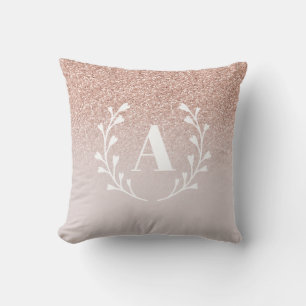 Rose Gold Pink Faux Glitter Wreath Custom Monogram Throw Pillow