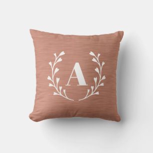 Rose Gold Pink Faux Metal Wreath Custom Monogram Throw Pillow