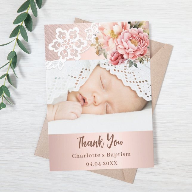 Rose gold pink floral baptism photo thank you card (Creator Uploaded)