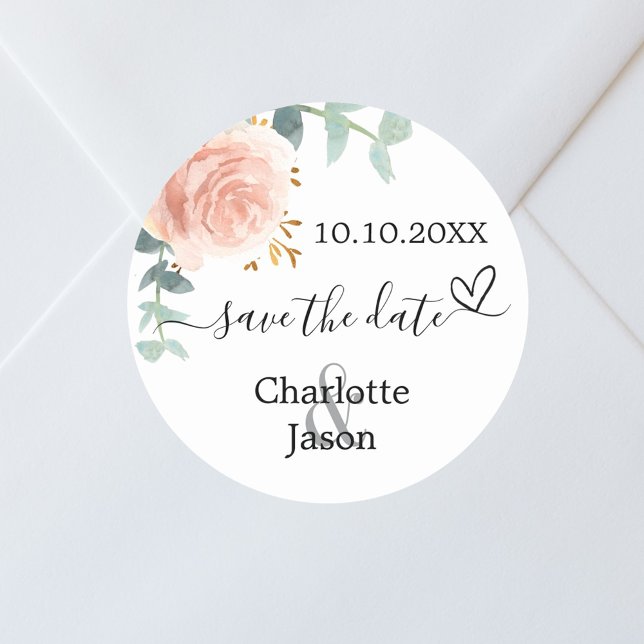 Rose gold pink floral boho wedding save the date classic round sticker (Creator Uploaded)