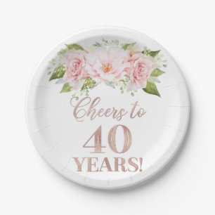 Rose Gold Pink Floral Cheers to 40 Years Birthday Paper Plate