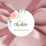 Rose gold pink floral eucalyptus thank you classic round sticker<br><div class="desc">A stylish white background. Decorated with green watercolored rose gold and blush pink floral,  rose,  eucalyptus leaves,  sprigs,  greenery,  faux gold leaves.  Personalize and add your first name,  monogram initials and full name. Perfect for birthday favours,  a bridal shower or baby shower.</div>