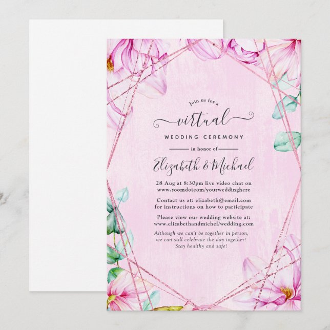 Rose Gold & Pink Floral Geometric Virtual Wedding Invitation (Front/Back)