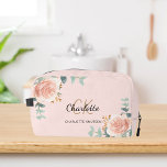 Rose gold pink floral greenery name monogram dopp kit<br><div class="desc">A rose gold,  pink coloured background,  black and golden text. Decorated with watercolored rose gold roses,  eucalyptus greenery and golden sprigs. 
Personalize and add your first name,  monogram initials and full name.</div>