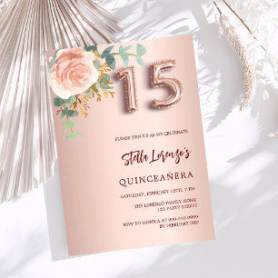 Rose gold pink floral greenery Quinceanera Invitation