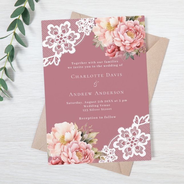 Rose gold pink floral lace wedding invitation (Creator Uploaded)