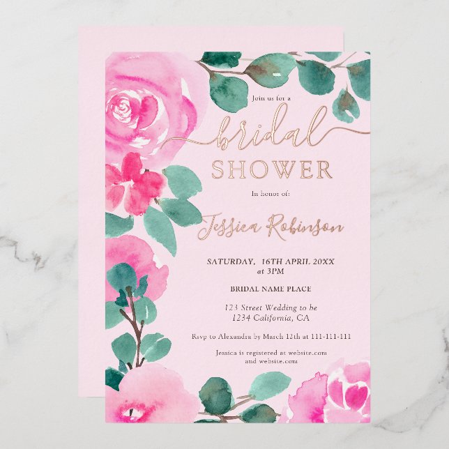 Rose Gold pink floral watercolor bridal shower (Front/Back)