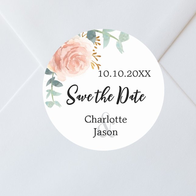 Rose gold pink floral wedding save the date classic round sticker (Creator Uploaded)