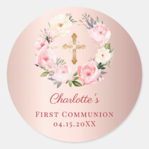 Rose gold pink floral wreath First Communion Classic Round Sticker