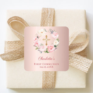 Rose gold pink floral wreath First Communion Square Sticker