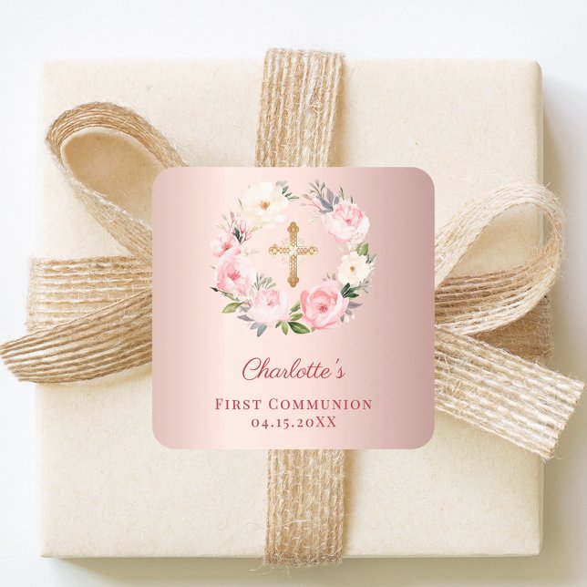 Rose gold pink floral wreath First Communion Square Sticker (Creator Uploaded)