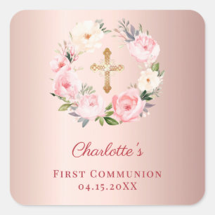 Rose gold pink floral wreath First Communion Square Sticker