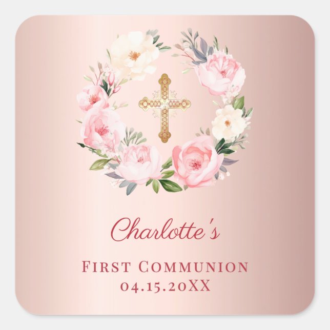 Rose gold pink floral wreath First Communion Square Sticker (Front)