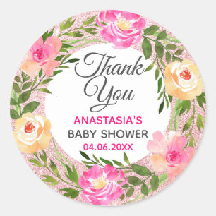 Rose Gold Pink Floral Wreath Thank You Baby Shower Classic Round Sticker