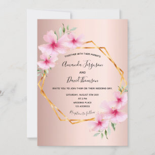 Rose gold pink florals geometric wedding invitation