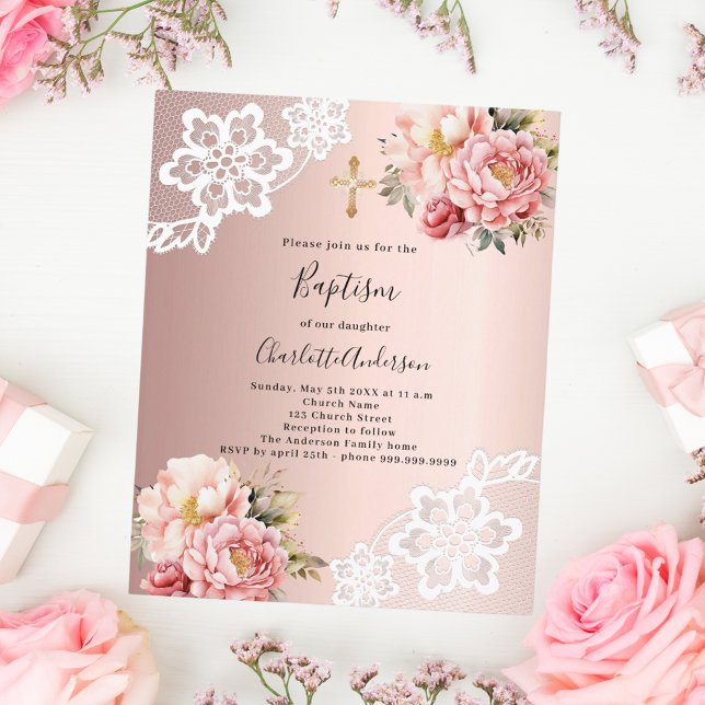 Rose gold pink florals lace Baptism invitation (Creator Uploaded)
