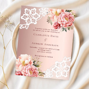Rose gold pink florals lace wedding invitation
