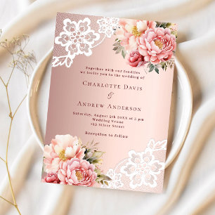 Rose gold pink florals lace wedding invitation