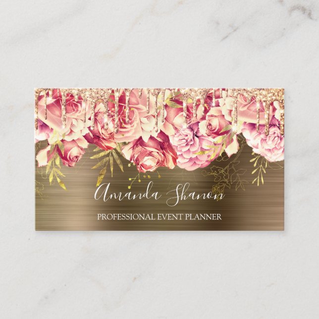 Rose Gold Pink Flowers Brown  Drip QR CODE Logo  Business Card (Front)
