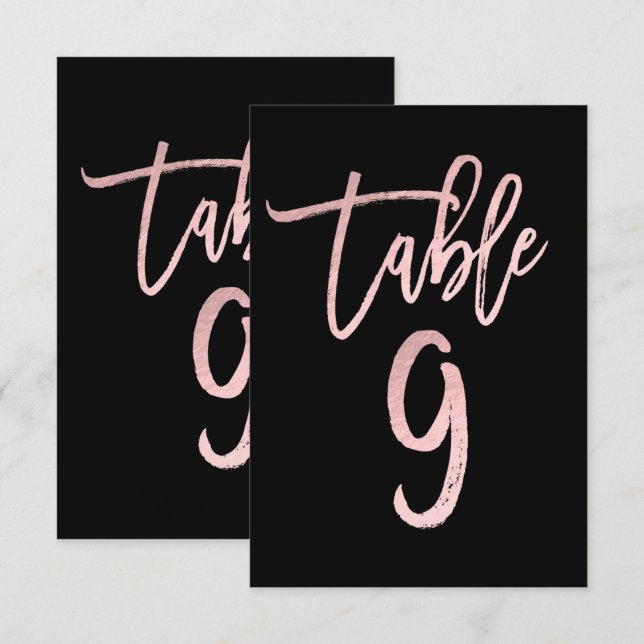 Rose Gold Pink Foil Moderne Numéro de Table 9 Scri (Devant / Derrière)