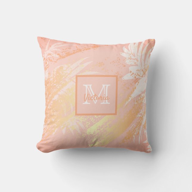 Rose gold pink foliage monogram outdoor pillow (Front)