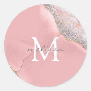 Rose Gold Pink Girly Monogram Name Marble Glitter  Classic Round Sticker