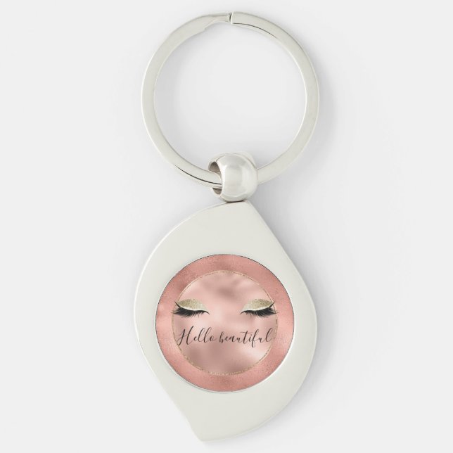 Rose Gold Pink Glam Glitzy Black Eyelashes Keychain (Front)