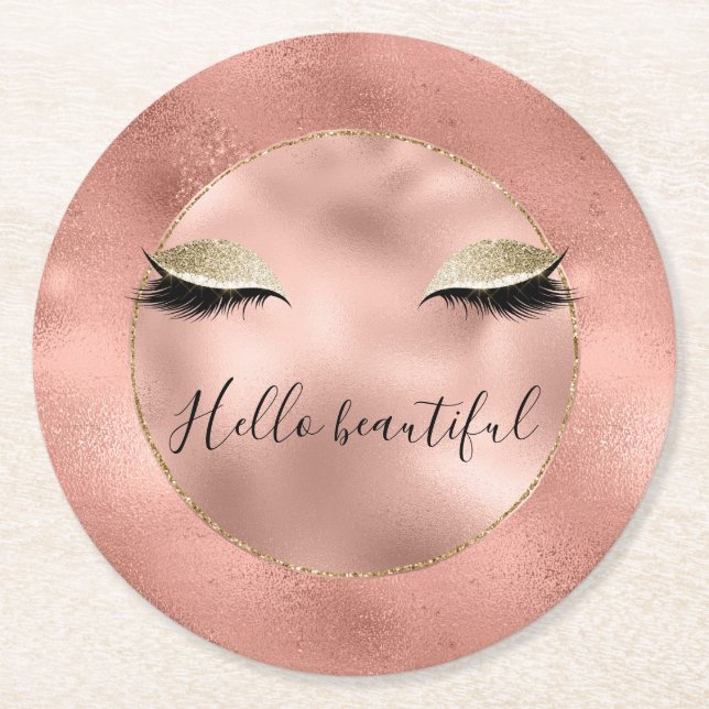 Rose Gold Pink Glam Glitzy Black Eyelashes Round Paper Coaster (Front)