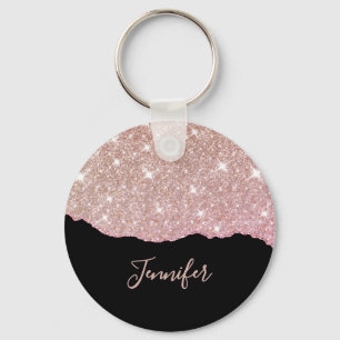 Rose Gold Pink Glitter Agate Custom Name Monogram Keychain
