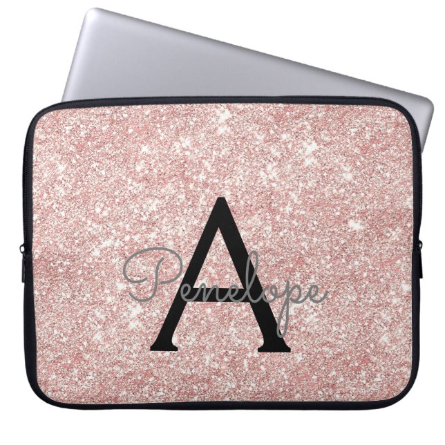 Rose Gold  Pink Glitter and Sparkle Monogram Laptop Sleeve (Front)