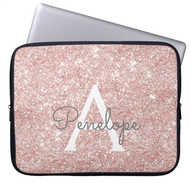 Rose Gold  Pink Glitter and Sparkle Monogram Laptop Sleeve (Front)
