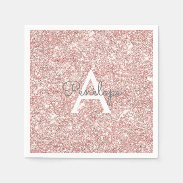 Rose Gold  Pink Glitter and Sparkle Monogram Napkin (Front)