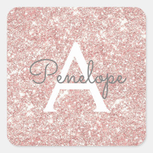 Rose Gold Pink Glitter and Sparkle Monogram Square Sticker