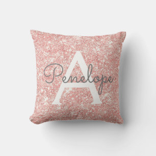Rose Gold  Pink Glitter and Sparkle Monogram Throw Pillow