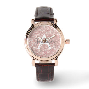 Rose Gold  Pink Glitter and Sparkle Monogram Watch