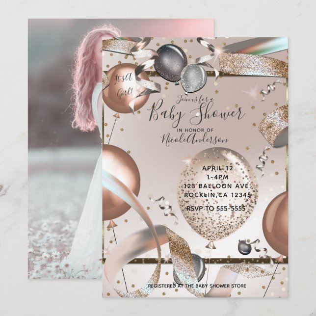 Rose Gold Pink Glitter Balloons Baby Shower Photo Invitation (Front/Back)