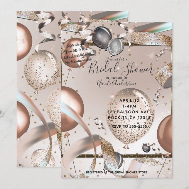 Rose Gold Pink Glitter Balloons Bridal Shower Invitation (Front/Back)