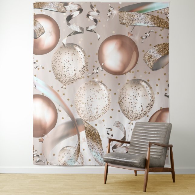 Rose Gold Pink & Glitter Balloons Party Backdrop Tapestry (In Situ)