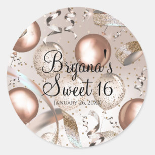 Rose Gold Pink & Glitter Balloons Sweet 16 Party Classic Round Sticker