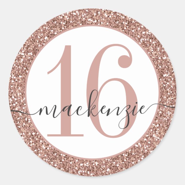 Rose Gold Pink Glitter Birthday Name Sticker Label (Front)